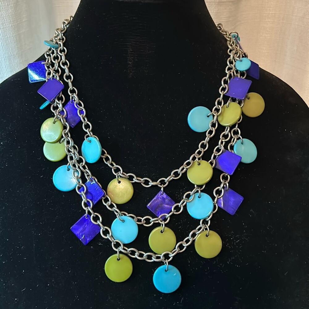 Chico’s Statement Necklace #159 Blue Green Geometric squares circles Multistrand